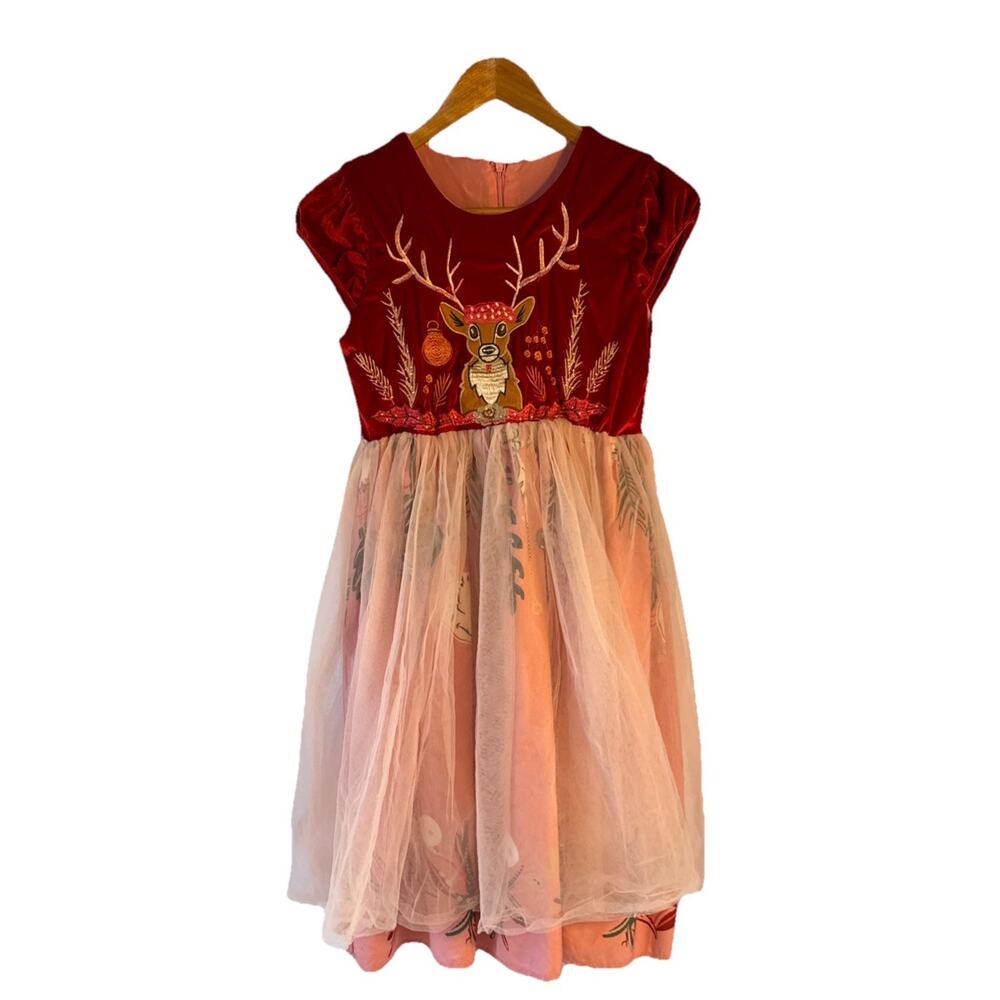 Mini Taylor Girls Deer Holiday Dress Velvet Tulle Sequin Sz 11-12Y Christmas